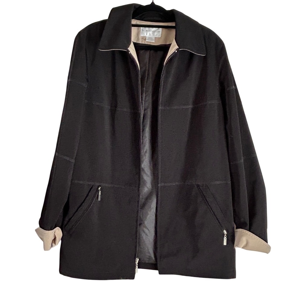 Worthington Black Zip Front Jacket Medium Tan Trim Collared Lightweight Coat